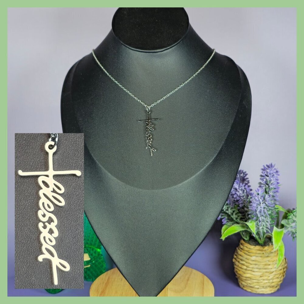 Silver‎ "Blessed" Cross Pendant Necklace (NWOT)